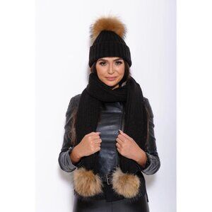 Black Fur Pom Pom Beanie Hat + Scarf Set - Removable via snap buttons